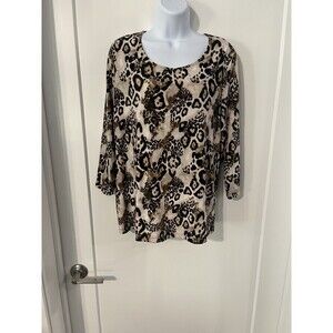 JM Collection Leopard Print Scoop Neck Top 3/4 Sleeve Knit Blouse Stretch Sz 1X